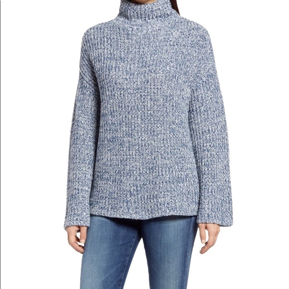 Caslon Shaker Knit Mock Neck Sweater Blue Ensign Ivory White Marl Medium NWT